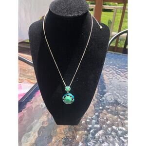 Avon SAQ Vintage 1980s Silver Tone Necklace with Turqoise Blue and Green Pendant